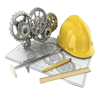 3D graphic of engineering tools, featuring a yellow hard hat next to interlocking metallic gears, a blueprint schematic sheet, a vernier caliper, a ruler, and a pencil.