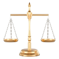 3D digital model of classic metallic golden scales of justice, featuring two balanced hanging pan trays suspended by chains from a central crossbar.